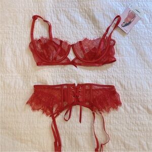 Hustler Hollywood 3-piece lace lingerie set. Red bra, panties and a garter belt.